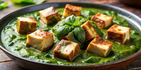 * A close-up of creamy saag paneer filling, with tender paneer cheese cubes coated in a velvety spinach sauce, garnished with a sprinkle of garam masala.