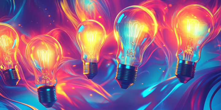 A vibrant background with multiple glowing lightbulbs and swirling neon colors, symbolizing creativity and a burst of ideas in a futuristic style.