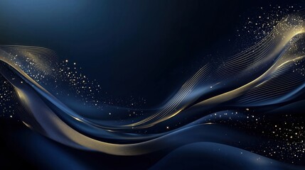 Luxury dark blue banner with golden lines and waves, designed as an elegant template for business conference invitations, corporate party posters, or presentation mockups. Perfect for upscale events, 