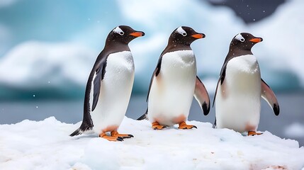 Obraz premium Four Penguins Walking On Ice In Antarctica