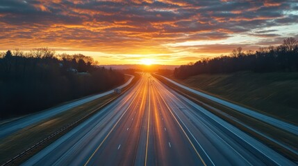 Empty asphalt road in rural landscape in the rays of the sunset with dark storm cloud