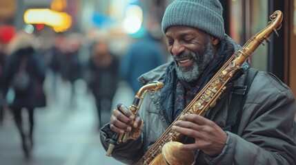 A joyful musician playing a saxophone on a busy street, capturing the spirit of urban life.
