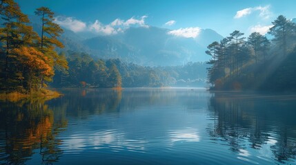 Fototapeta premium A serene lakeside scene with a reflection of the sky and surrounding trees