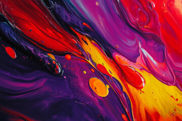 A vibrant burst of paints in bold colors like red, purple, and yellow, with a glossy, smooth texture and energetic splashes that capture the viewer's attention.
