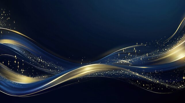 Luxury dark blue banner with golden lines and waves, designed as an elegant template for business conference invitations, corporate party posters, or presentation mockups. Perfect for upscale events, 