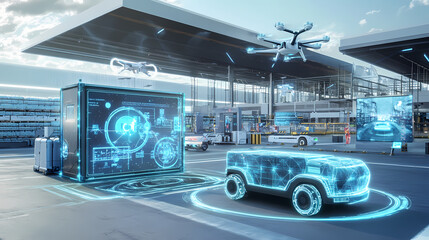 A futuristic ar display showing the integration of drones, robots, and autonomous vehicles in a smart logistics hub. Futuristic Vehicle. Illustration