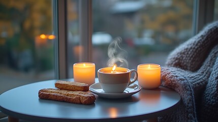A cozy evening coffee shop with a table lit by candles, a steaming cup of coffee and a biscotti placed on the table, wool blanket on a chair, warm flickering light casting soft shadows,
