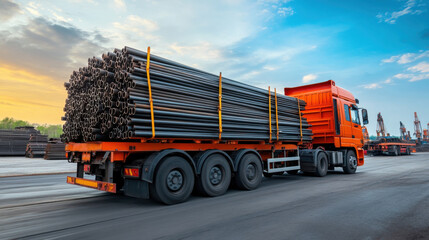 A large truck carrying steel pipes driving on an open industrial road during sunset, emphasizing logistics and construction.
