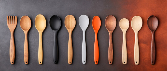 A collection of colorful kitchen spoons arranged on a contrasting background, showcasing various materials and designs.