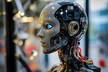 Close-Up of Futuristic Humanoid Robot with Exposed Circuitry