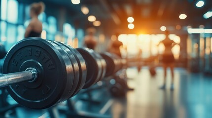 Fototapeta premium Closeup of Weights in a Blurred Gym Setting