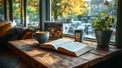 Fototapeta premium A cozy reading corner in a café, an open book and a cup of coffee on a rustic wooden table, soft sunlight streaming through the window, creating a warm,