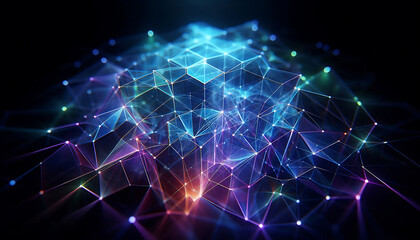 Obraz premium Abstract geometric design featuring a network of illuminated translucent lines forming interconnected shapes. The vibrant hues of blue purple and green create a dynamic glow against a dark background