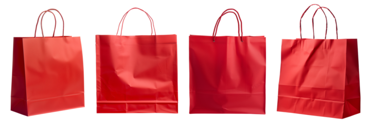 Set of isolated blank red shopping bags on a transparent background for Black Friday sales events.