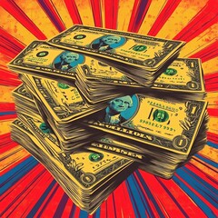 A vibrant illustration of stacked dollar bills against a bright, radiating background, symbolizing wealth and prosperity.