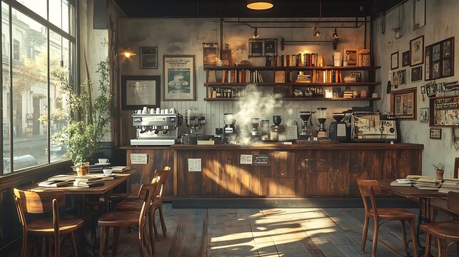 A cozy vintage coffee shop with retro-style chairs, an old espresso machine steaming in the corner, worn books scattered on a rustic wooden table,