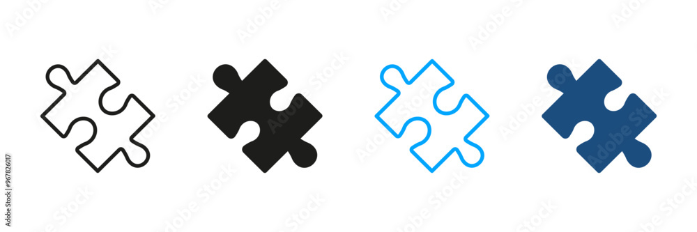 Poster puzzle piece line and silhouette icon set. jigsaw part linear pictogram. match combination, creative