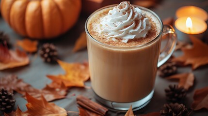 A cozy winter café featuring a pumpkin spice latte topped with whipped cream and cinnamon, autumn leaves scattered around, soft warm lighting from candles,