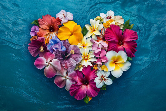 A vibrant heart-shaped arrangement of tropical flowers, including hibiscus, orchids, and frangipani, set against a deep blue ocean backdrop.