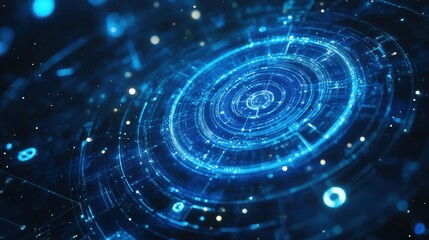 Obraz premium Close-up view of blue tech hologram with cosmic symbols and a bokeh background