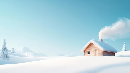 Naklejka premium Winter cabin, with smoke rising from the chimney, 3D illustration, copy space for text,