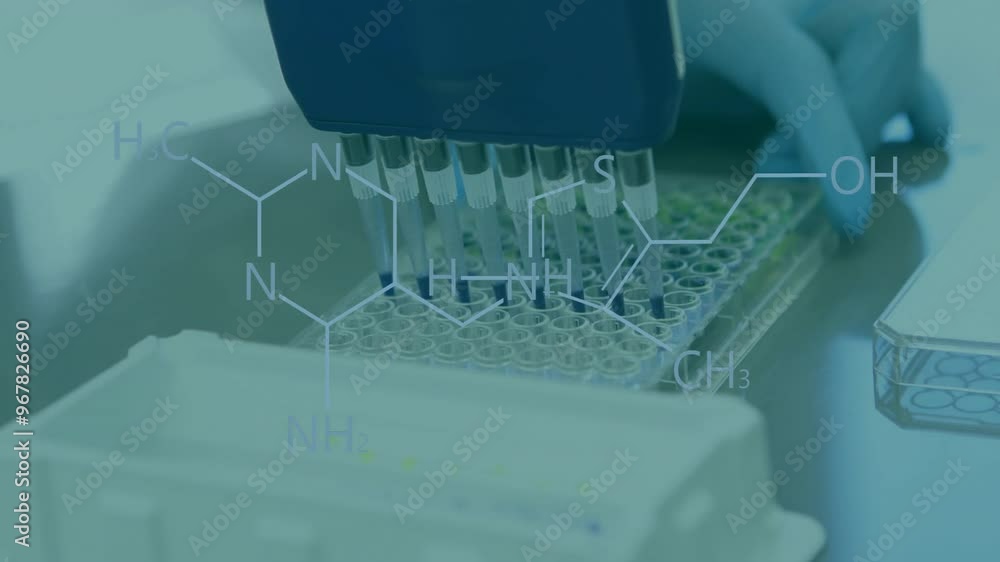 Aufkleber animation of chemical formula over scientist doing experiment in lab
