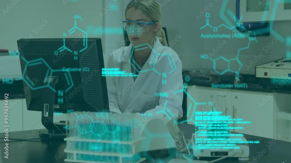 Poster animation of data processing and chemical formula over caucasian female scientist using computer