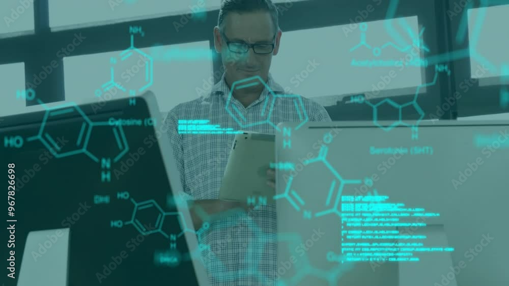 Aufkleber animation of data processing and chemical formula over caucasian man using tablet