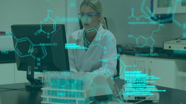 Animation of data processing and chemical formula over caucasian female scientist using computer