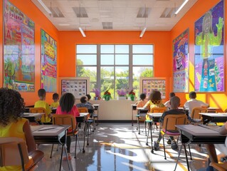 A vibrant classroom setting with students engaged in learning. Colorful artwork adorns the walls, creating a stimulating environment.
