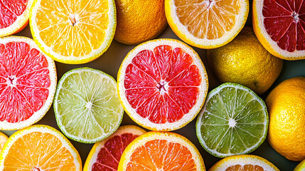 Fototapeta premium Assorted citrus fruits sliced in half, displaying vibrant colors and juicy textures. Perfect for fresh, natural, and healthy food concepts.