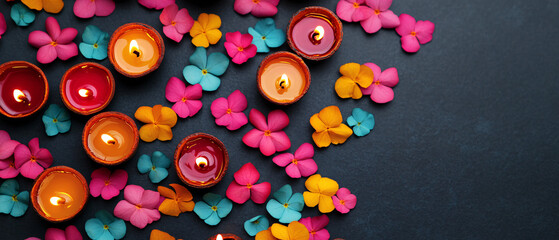Colorful candles surrounded by vibrant flower petals create a warm and inviting atmosphere for relaxation and celebration.