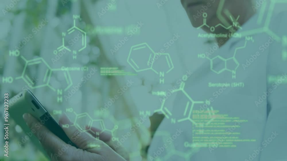 Poster animation of data processing and chemical formula over caucasian female scientist using tablet