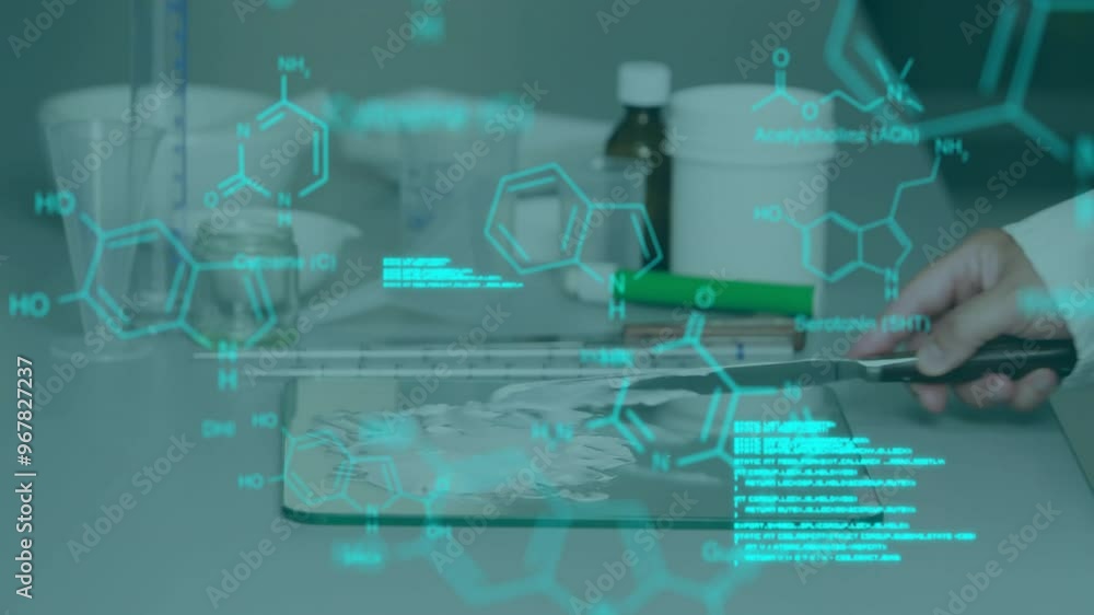 Poster animation of data processing and chemical formula over caucasian scientist doing experiment in lab