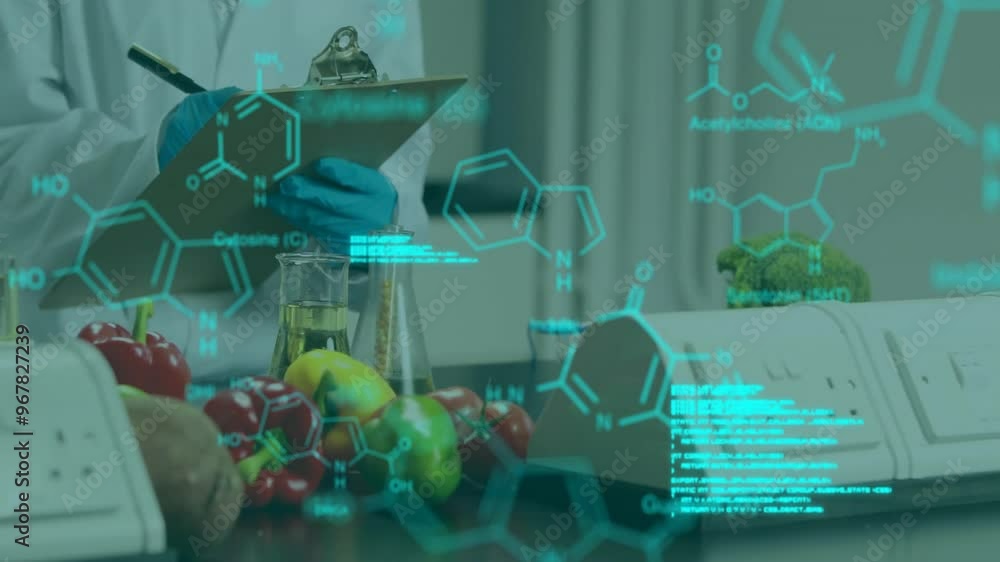 Poster animation of data processing and chemical formula over scientist writing on clipboard in lab