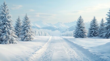 Obraz premium Winter trail, with fresh snow and tall trees, 3D illustration, copy space for text,