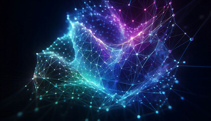 Abstract geometric design featuring a network of illuminated translucent lines forming interconnected shapes. The vibrant hues of blue purple and green create a dynamic glow against a dark background