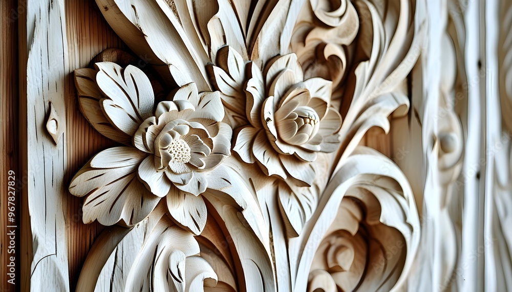 Wall mural intricate floral carvings on a white wooden backdrop, showcasing exquisite craftsmanship in fine woo