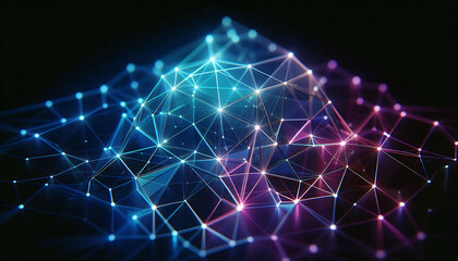 Abstract geometric design featuring a network of illuminated translucent lines forming interconnected shapes. The vibrant hues of blue purple and green create a dynamic glow against a dark background