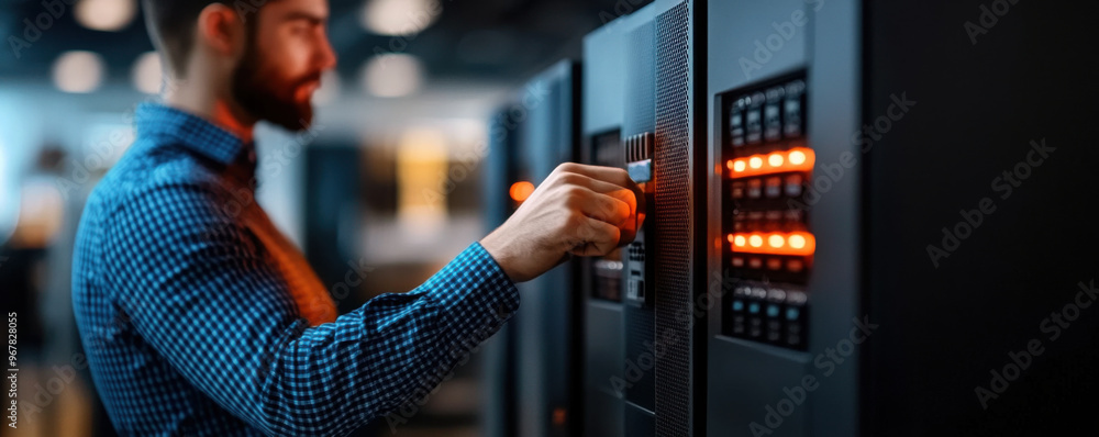 Aufkleber it technician interacting with server hardware in a data center, showcasing professional management 