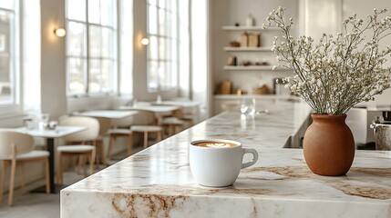 Fototapeta premium A minimalist café featuring a sleek marble counter with a perfectly placed coffee cup, soft natural light coming through tall windows,