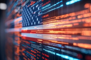 Close-up of American flag with stars and stripes made of digital data streams on dark background