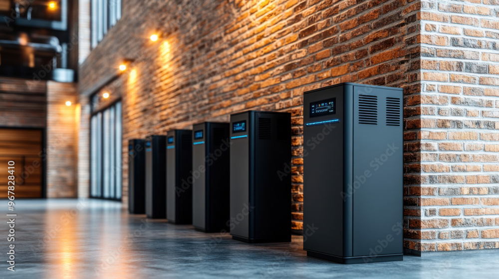 Poster multiple black server units aligned in a row in an industrial-style data center with brick walls and