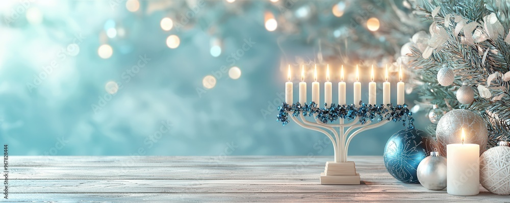 Canvas Prints Menorah with Candles and Ornaments on Wooden Table.