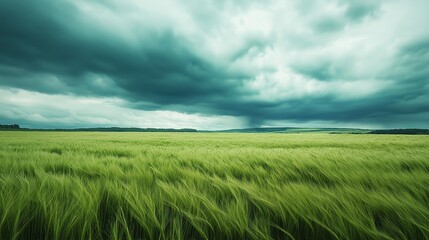 Obraz premium A minimalistic landscape featuring green fields beneath a stormy sky with dark clouds and a tornado forming in the distance
