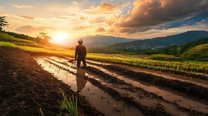 Fototapeta premium Golden Sunset Over Rice Paddies