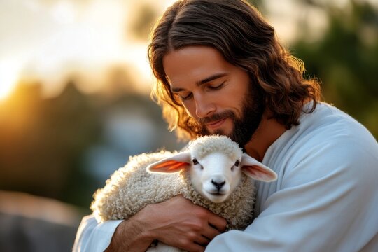 Jesus preaching the parable of the lost sheep, holding a lamb in His arms, symbolizing His care for those who are lost