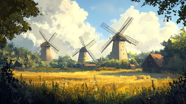 A serene countryside landscape, dotted with quaint windmills spinning lazily in the breeze, a reminder of simpler times intertwined with modern innovation. Windmill. Illustration