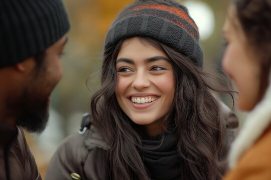 A group of diverse young adults laughing together in a city park during autumn, showcasing different ethnic backgrounds and casual clothing