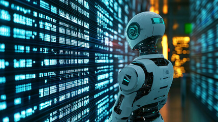 Fototapeta premium Futuristic robot analyzing digital data in a server room. Artificial intelligence and big data technology concept.